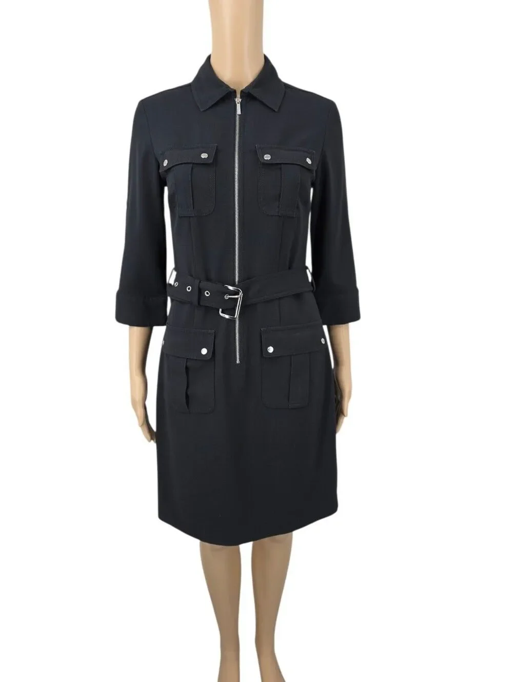 Michael Kors Black Utility Zip Belted Midi Dress